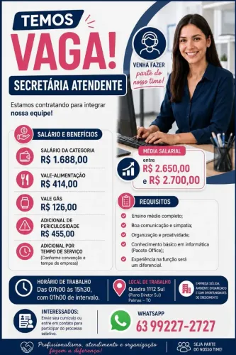 Vaga de emprego secretária atendente