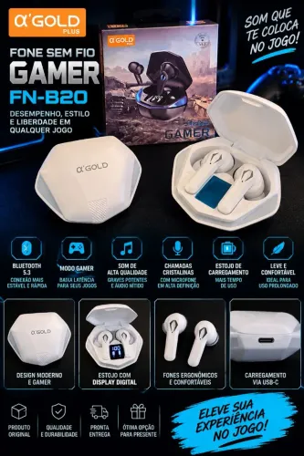 Fone Bluetooth Gamer Alpha Gold Plus FN-B20 V5.3 com Case - Branco<br>
