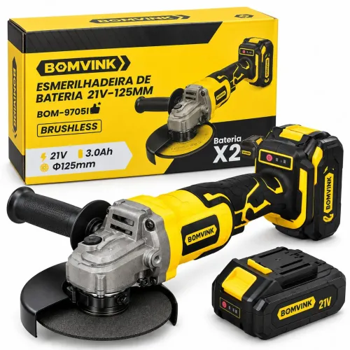 Esmerilhadeira Angular Bomvink BOM-9705 21 V 125 mm Brushless com 2 Baterias 3,0 Ah