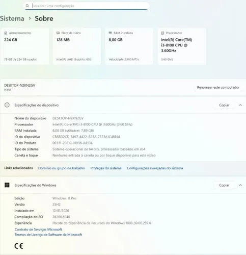 Computador novo, i3, SSD 240Gb, Memória RAM 8Gb, monitor LG 19'5, Nobreak SMS 600Va