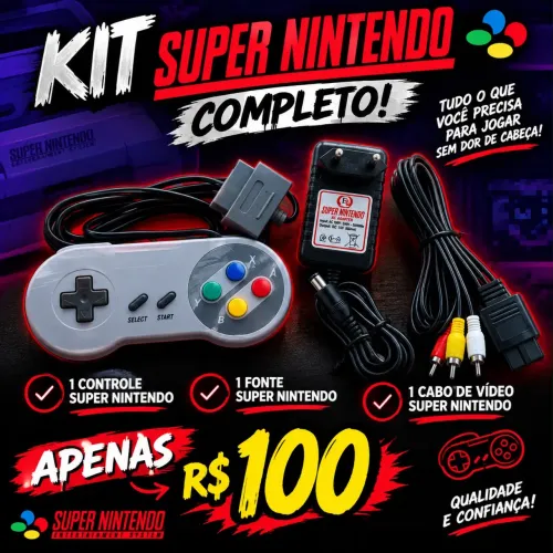 KIT SUPER NINTENDO COMPLETO, CONTROLE + FONTE + CABO DE VÍDEO