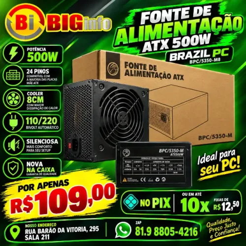 Fonte 500w Brazil Pc Bpc/5350-m8 24 Pinos Cooler 8cm 110/220 Preto - Em ate 10x Fixas