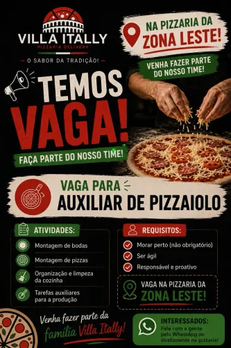 Vagas para auxiliar de pizzaiolo na zona leste e em flores