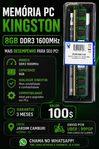 {Memória Ram Kingston 8GB DDR3 1600Mhz}