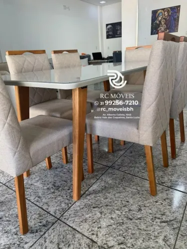 Mesa de jantar 1,70x0,90 Tampo Vidro Laqueado + 6 Lugares Madeira Maciça | Oferta Especial