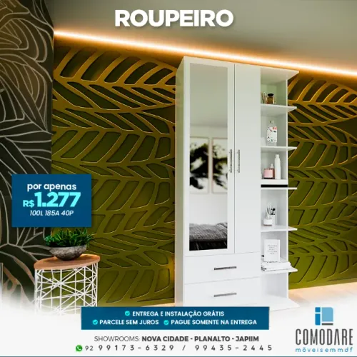 Roupeiro com Espelho, Gavetas e Nichos Laterais - R$ 1.277