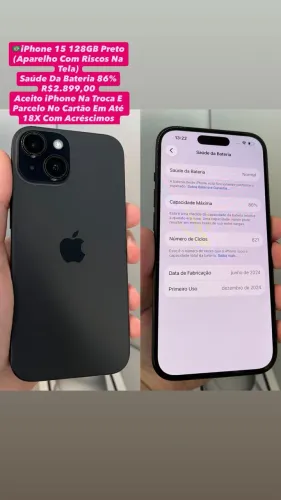 iPhone 15 128GB Preto ( Aparelho Com Riscos Na Tela ) Usado