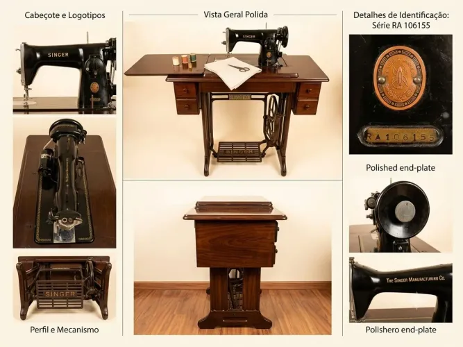 Máquina de Costura Singer Vintage 15C Relíquia Conservada | Com Gabinete e Motor
