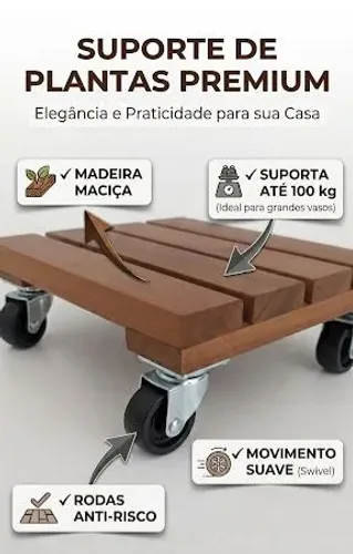 Suporte para vaso de planta em madeira maciça com rodizio