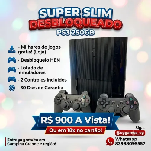 PS3 Super Slim 250GB Desbloqueado HEN + Loja de Jogos Grátis + 2 Controles + Garantia