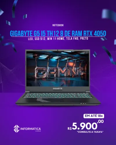 NOTEBOOK GIGABYTE G5 15.6 POL I5 TH12 8 DE RAM RTX 4050