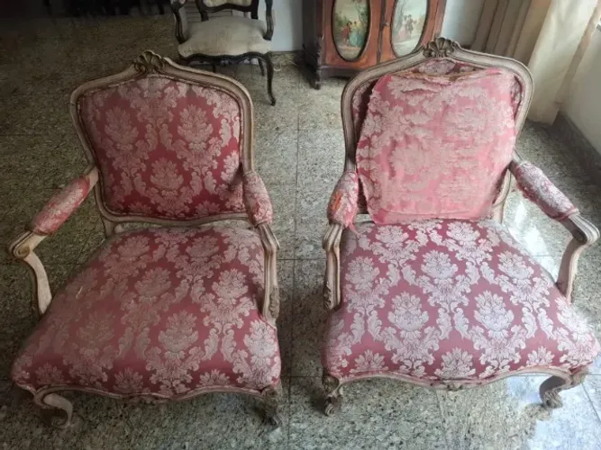 Cadeira / Poltrona Vintage Colonial Luis XV de tecido - Par de 2 Cadeiras