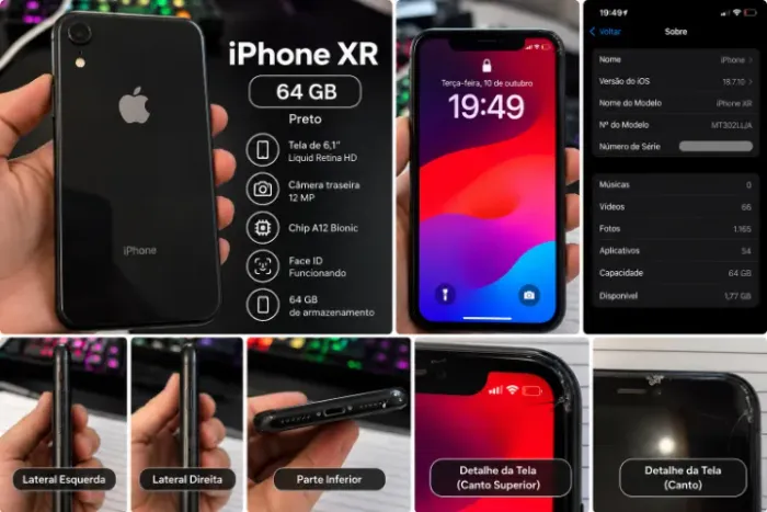 iPhone XR Preto 64GB + Carregador e Capinhas