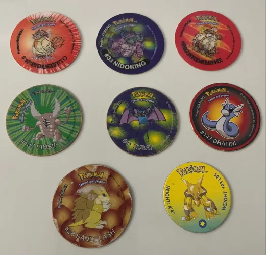 Lote 8 Tazos Pokémon Elma Chips - Dratini #147, Pinsir e Alakazam