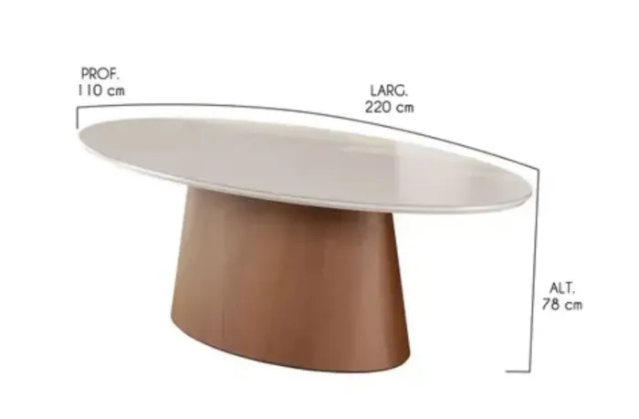 MESA OVAL TAMPO DE VIDRO BRANCO COM BASE MADEIRA FREIJÓ 