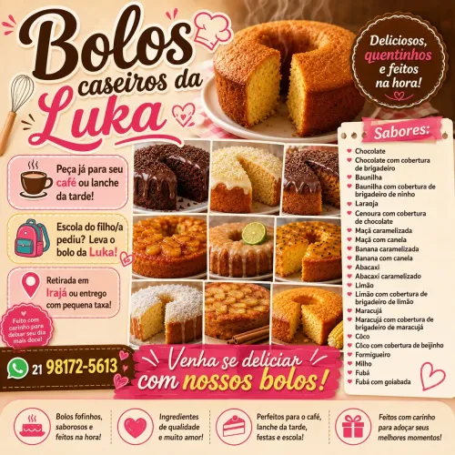 Vendo bolos caseiros fresquinhos,feitos na hora diversos sabores,entrego com pequena taxa.
