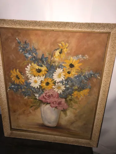 Quadro Antigo Pintura a Óleo - Arranjo de Flores no Vaso (Assinado)