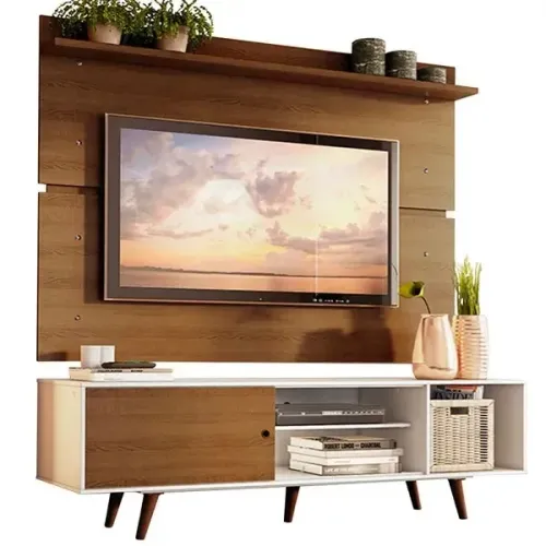 Rack Madesa Dubai e Painel para TV até 65 Polegadas com Pés - Branco/Rustic 