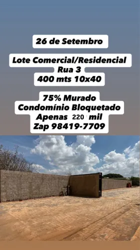 Vendo lote Comercial/Residencial Bloquetado na rua 3 da 26 de setembro.