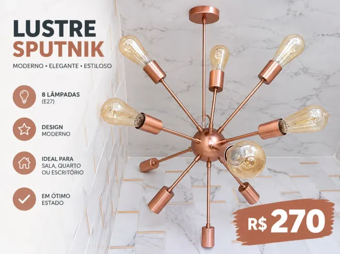 Lustre Pendente Sputnik Cobre Rose Gold 8 Hastes + Lâmpadas Filamento LED