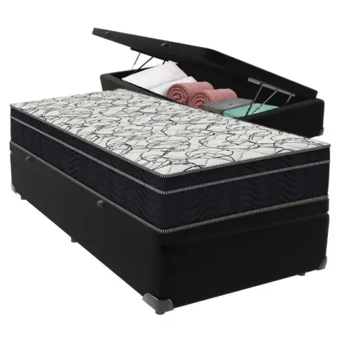 Cama Base Baú Solteiro Preta + Colchão Solteiro Premium Ortobom
