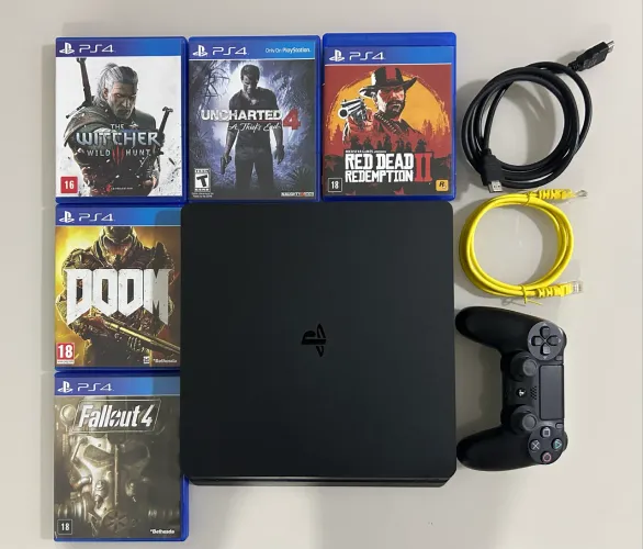 PS4 Slim 500GB + Controle Original + 5 Jogos Originais