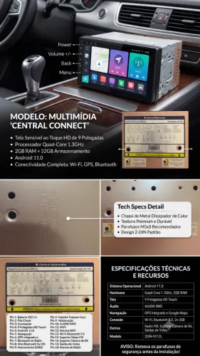 Central Multimídia 9 Polegadas Android 11.0 Quad-Core GPS Wi-Fi