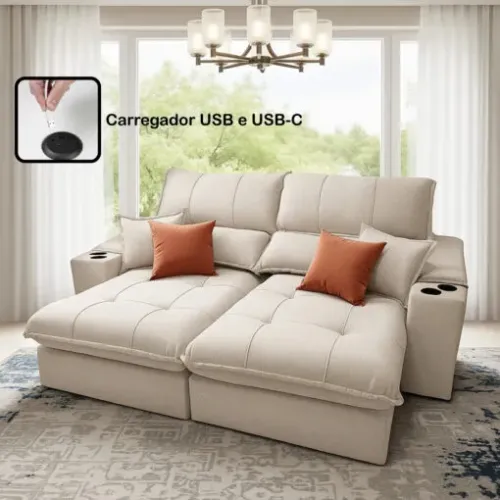 Sofa Retratil e Reclinavel Afrodite Slim 2,90 m Linho Bege 313 Confort 09 - ZARAT ESTOFADO