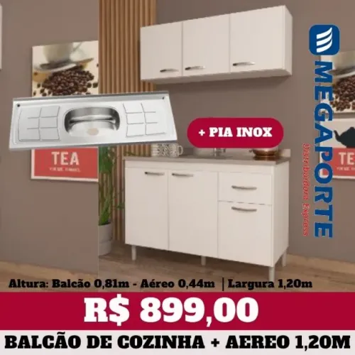 Balcão de Cozinha com Pia de Inox 1,20m + Aéreo 3 Portas (Novo) Entrega Grátis!