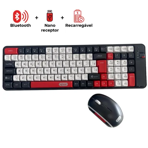 Kit Teclado e Mouse Sem Fio Bluetooth e Wireless 2.4GHz, Recarregável, Vermelho - Knup