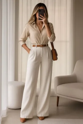 Alfaiataria Feminina - Calça Pantalona Elegante e Camisa Social Listrada de Autoridade