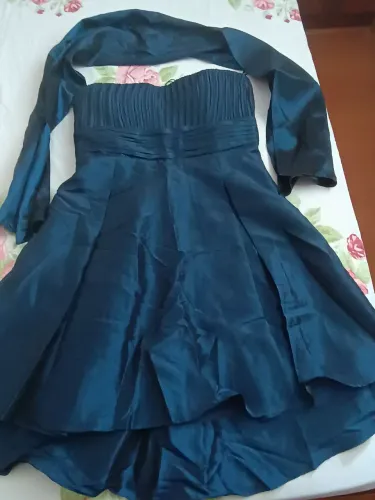 Vestido Dolps de Luxo Azul Marinho Em Tafetá com Busto plissado com Pregas 