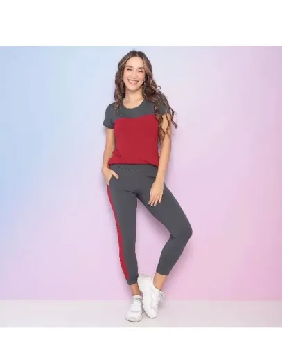 Conjunto de calça jogger e blusa Feminino - Cinza e Vermelho