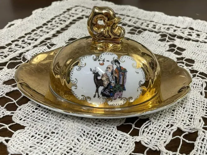 Jogo de Manteigueira de Porcelana Dourada