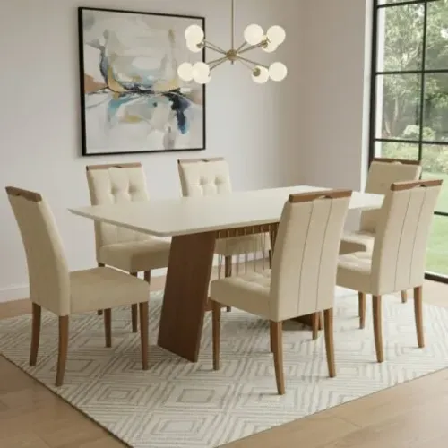 Mesa Damiana BA56 160 Canela/Off White com 6 Cadeiras Sophia Linho Bege 200 - KAPPESBERG +