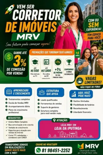 Vaga de Corretor(a) de Imóveis - Altos Ganhos por Comissão E Início Imediato