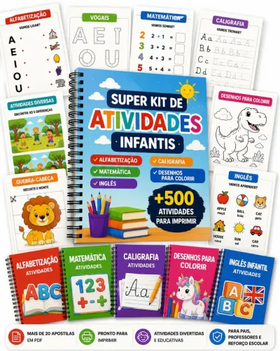 Kit +500 Atividades Infantis | Alfabetização, Matemática e Caligrafia