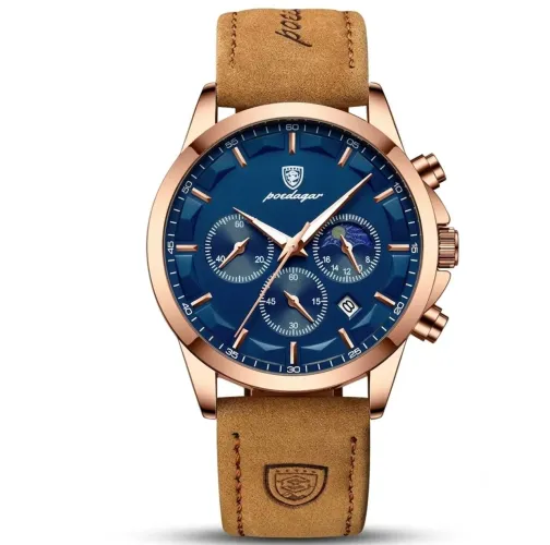 Relógio de Luxo Premium Poedagar Modelo 928 Blue Rose Gold Pulseira Couro Nobuck Caramelo