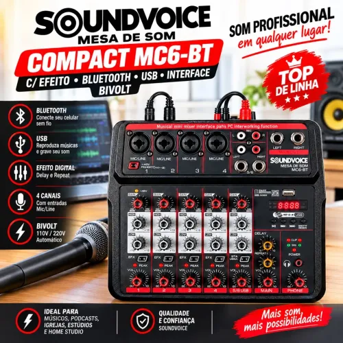 Mesa De Som Soundvoice Compact Mc6-bt C/ Efeito Bluetooth Usb Interface Bivolt- TOP