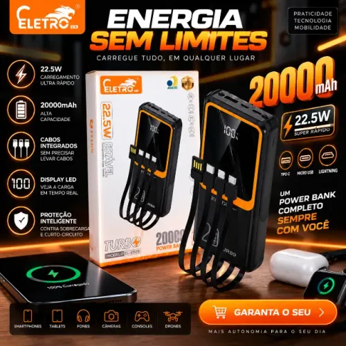 Power Bank 20000mAh 22,5W Turbo com Cabos Integrados e Display