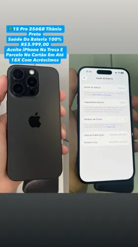 iPhone 15 Pro 256GB Titânio Preto - Em Perfeito Funcionamento (Usado)