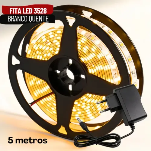 Fita LED 2835 Branco Quente 5m com Dupla Face e Fonte Inclusa IP20 - SCS67