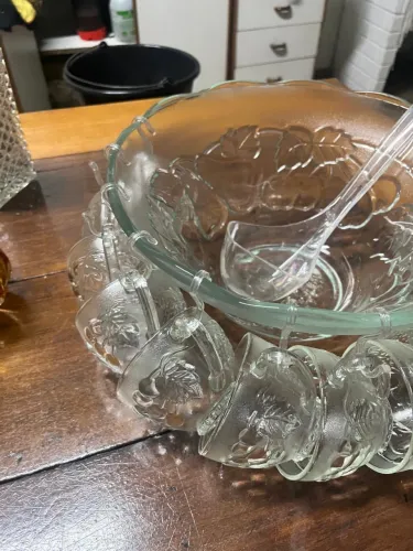 Jogo de Ponche em Vidro Jateado com 12 Canecas e Suporte Integrado - Completo