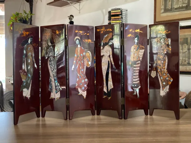 Miniatura de Biombo 6 folhas estilo Chinoiserie madrepérola