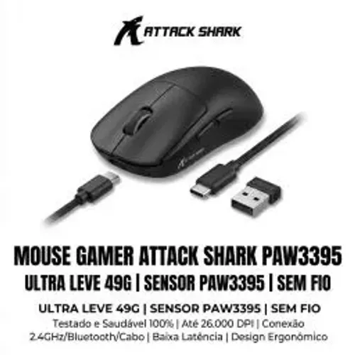Mouse Gamer Attack Paw3395 Ultra Leve 49g Sem Fio P Cor Preto