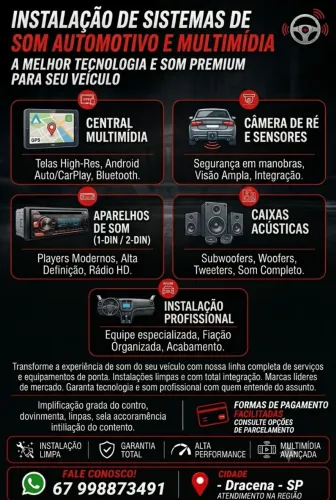 Serviço de instalação e venda de som automotivo ,multimídia,camera de ré ,alto falantes