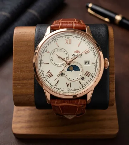 Relógio Orient Bambino Sun and Moon Rose Gold Novo