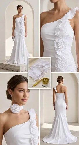 Vestido de Noiva Longo Sereia Branco - Flores 3D, Costas Corselet Ajustável