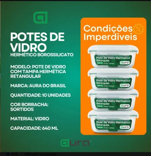 Conjunto 08 Potes Vidro 640ml Hermético 4 Travas Aura Do Brasil
