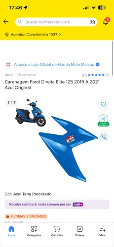 Carenagem lateral dianteira Honda elite 17/21